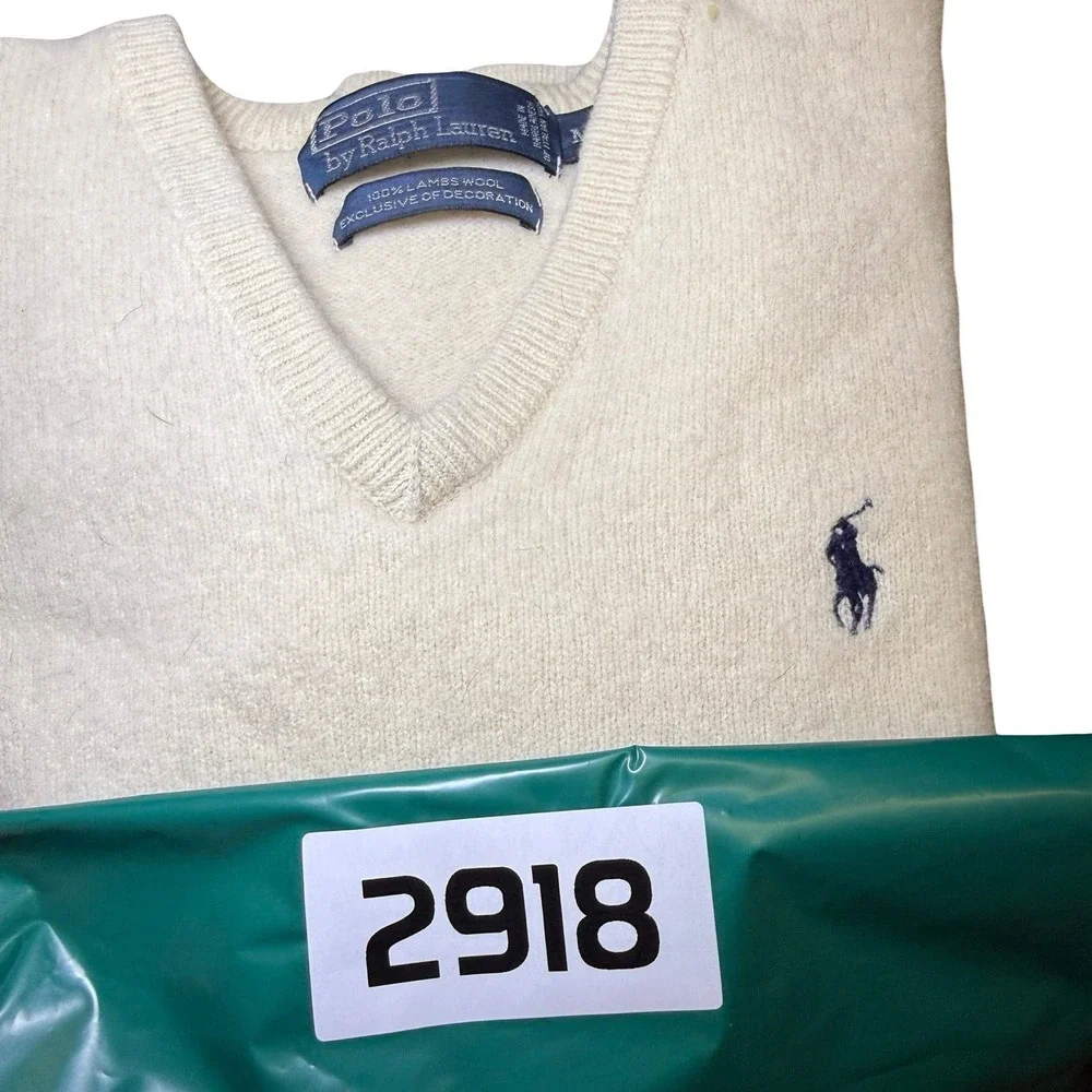 Polo Ralph Lauren V-Neck Sweater Mens M Cream Fair 100% Lambswool Knit Pullover